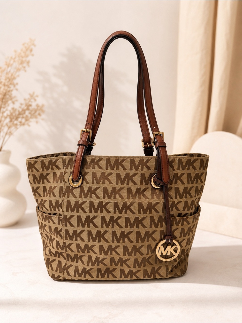 Michael Kors Brown Tan MK Logo Jacquard Canvas Tote Bag